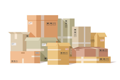 Cardboard boxes stacked. Carton box, pile fragile parcels. Warehouse s