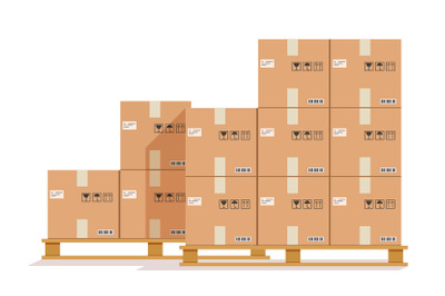 Flat boxes pallet. Cardboard box, cargo wood pallets and parcels. Ware