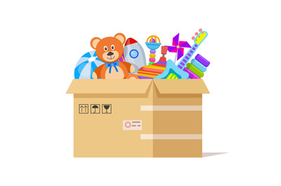 Toy box. Donate toys, charity kids support. Volunteer donations for po