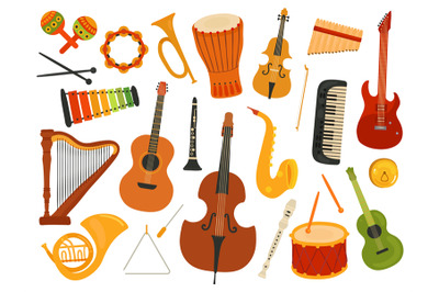 Musical instruments. Music sound instrument, harp and flute, synthesiz