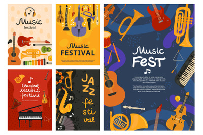 Music festival. Jazz concert&2C; musical instruments poster design. Guita