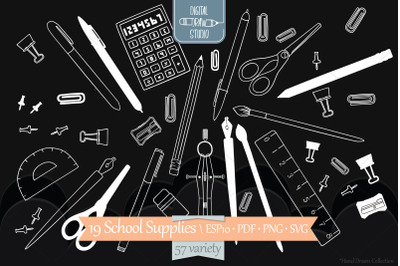 School Supplies White | Hand Drawn Stationary, Office Doodles
