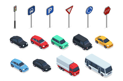 Isometric cars. Road signs&2C; 3d vehicles isolated on white background.