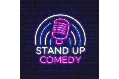 Comedy show neon sign. Retro microphone line design. Standup icon on b