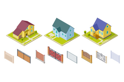 Rural houses and fences. Isolated outdoor design elements. Isometric b