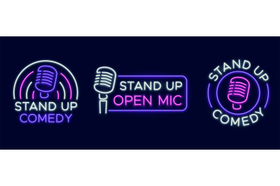 Standup show signs. Neon comedy club and open microphone icons. Comedi