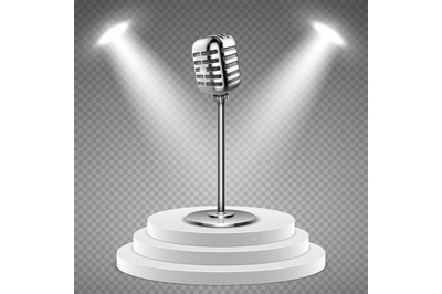 Realistic microphone. White podium for stage and 3d mic. Sound studio