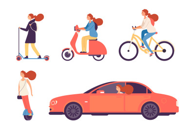 Women and transport. Girl bicycle and scooter, in car. Isolated female