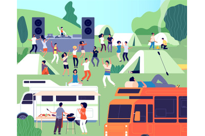 Open air festival. Musical performance, park or camp concert. Outdoor