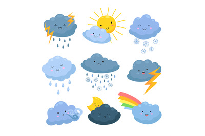 Cartoon weather clouds. Rain&2C; snow elements. Heavenly cloudy shapes&2C; s