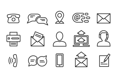 Contact line icons. Minimal business, internet and location outline sy