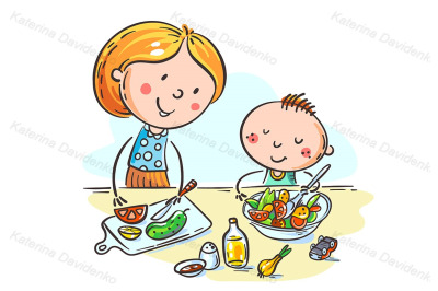 Mother and kid cooking together