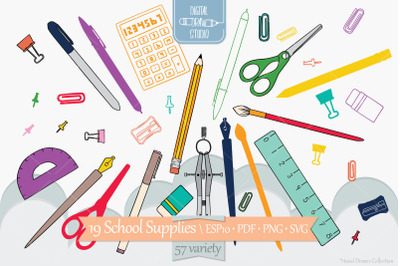 School Supplies Colored | Hand Drawn Stationary, Office Doodles