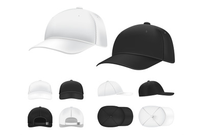 Baseball cap. Black and white blank sports uniform headwear in side, f