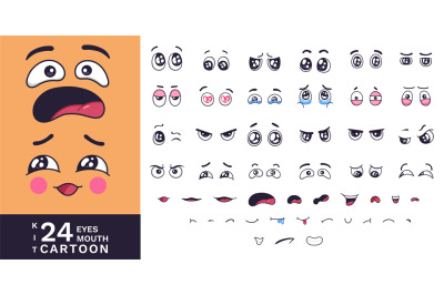 Cartoon faces kit. Funny characters eyes and mouths with various expre