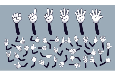 Cartoon hands. Comic arms with four and five fingers in white glove wi