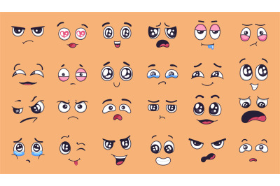 Cute cartoon faces. Face expressions, happy and sad mood. Laughing, sm