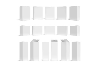 White boxes mockup. Blank product package 3d in various size templates