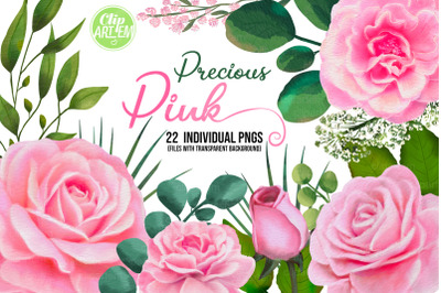 Pink Roses Floral 22 PNG watercolor set,  clip art
