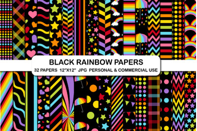 Black Rainbow Background Patter Digital Papers Pack Set