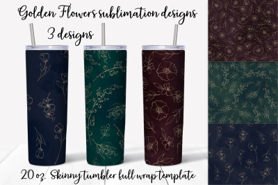 Golden Flowers  sublimation design. Skinny tumbler wrap design.