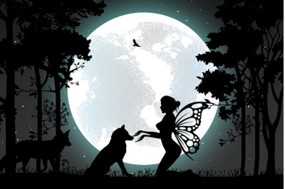 cute fairy and wolf silhouette