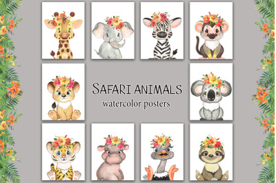 Safari baby animals watercolor posters. Cute kids animals wall art.