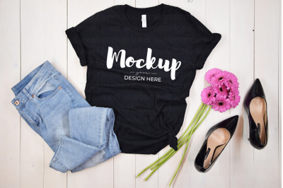 Black T-Shirt Mockup&2C; Flowers&2C; High Heels