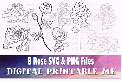 Rose Illustration svg, silhouette bundle, 8 outline, flower drawing, b