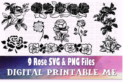 Rose silhouette, svg bundle, 8 outline, flower drawing, black and whit