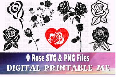 Rose silhouette, svg bundle, 9 outline, flower drawing, cut file, PNG,