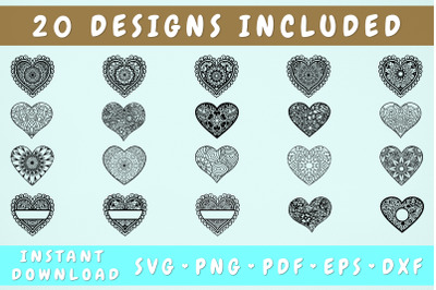 Mandala Heart SVG Bundle - 20 Designs