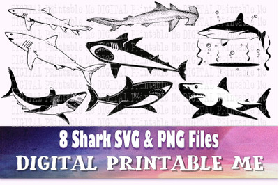Shark svg bundle, silhouette, PNG, clip art, 8 Digital, shark week ham