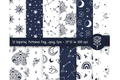 Celestial black and white seamless patterns