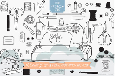 Sewing Doodles | Hand Drawn Vintage Singer Machine, Scissors, Buttons
