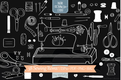 White Sewing Doodles | Hand Drawn Old Singer Machine, Scissors, Button