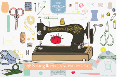Color Sewing Doodles | Hand Drawn Old Singer Machine, Scissors, Button