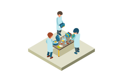 Laboratory isometric. Scientist chemical lab with various items toxic