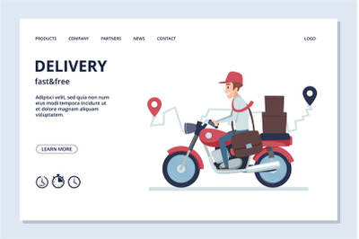 Delivery vector banner. Delivery man on motorcycle with parcels