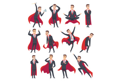 Businessman superheroes. Male characters in action poses of superheroe