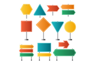 Road signs. Traffic highway dirrection travel road signs vector illust