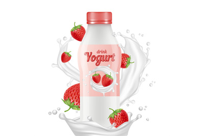 Drink yogurt realistic bottle, milk splashes and strawberries vector i