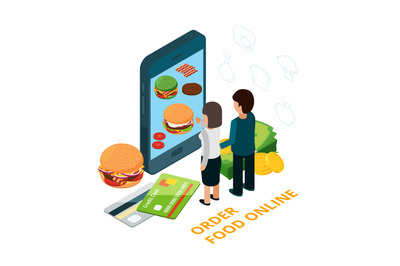 Order food online isometric vector illustration. Man and woman choose