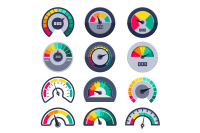 Speedometers symbols. Indicate level score meter indices measure vecto