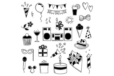 Party icons. Funny birthday disco music party symbols sweets cakes and