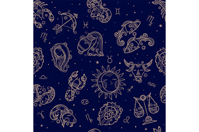 Astronomy seamless. Drawn zodiac symbols textile pattern design horosc