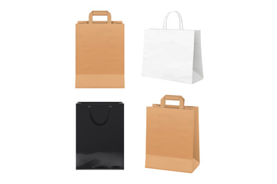 Paper bags. Empty store packages white black and craft paper merchandi