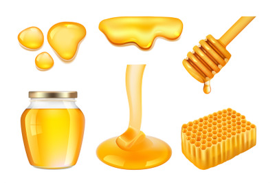 Honey jar. Golden or yellow sticky splashes of farm honey and honeycom