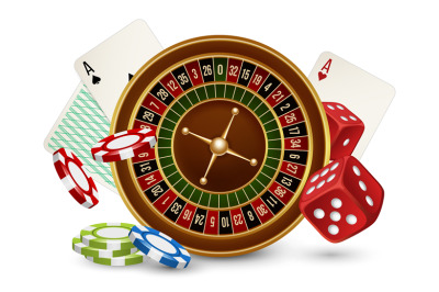 Casino vector concept. Casino roulette, chips, dice and cards isolated