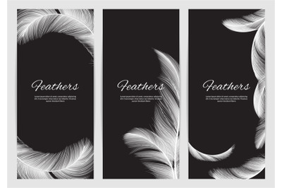 Feathers banners template. Realistic white swan falling feathers vecto